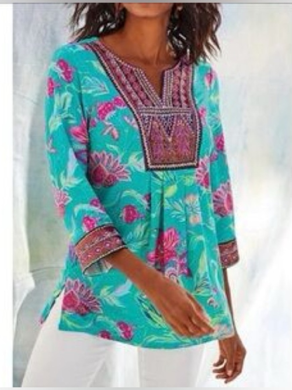 Soft Surroundings Maddalena Tunic Floral Beaded Top Size M